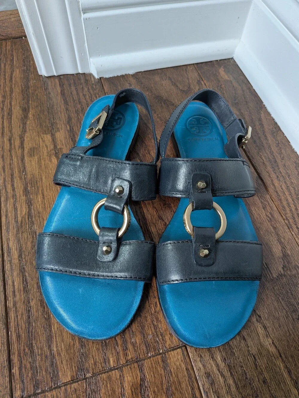 Tory Burch Women's Navy Blue Gold Leather Slingback Sandals Size 8